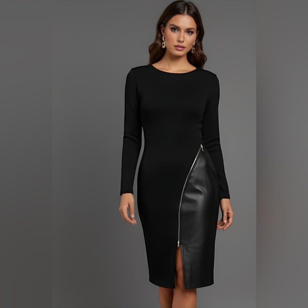 Vegan Leather Zip Up Split Thigh Bodycon Dress Black